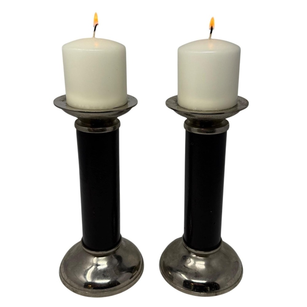 Vtg Pair Silverplate & Leather Metal Pillar / Taper Candle Holders Candlesticks